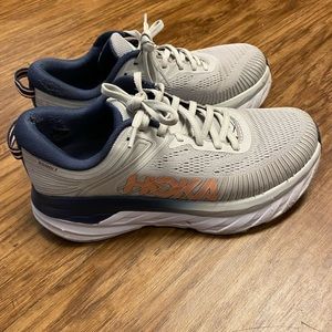HOKA bondi 7 blue and pink sneakers
